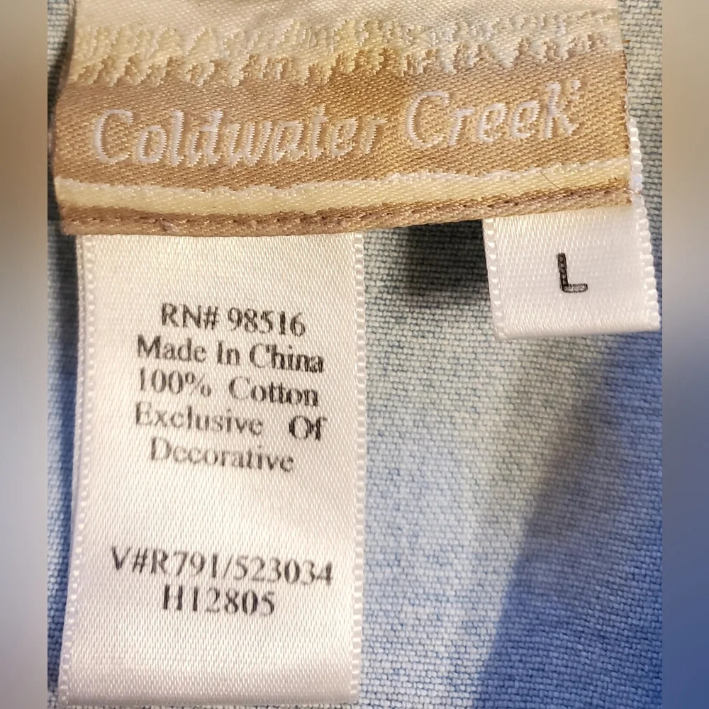 Coldwater Creek Light Blue Cotton Shirt/Shacket w/ Pretty Floral Embroidery Sz L - Picture 2 of 10